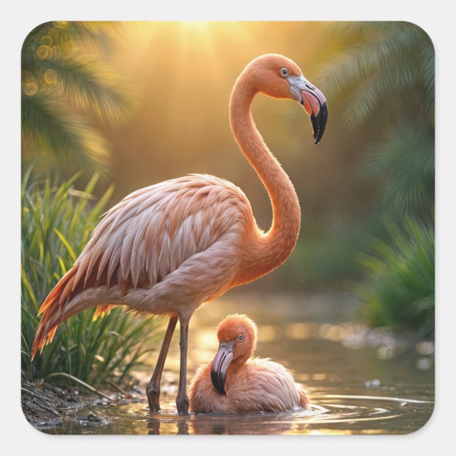 Flamingo Mother and Chick Square Sticker (Front)