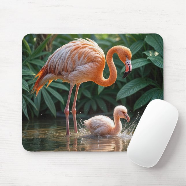 Flamingo Mother With Chick Mouse Pad (With Mouse)