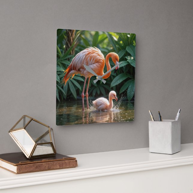 Flamingo Mother With Chick Square Wall Clock (Office)
