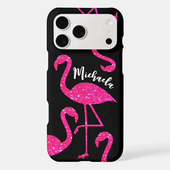 Flamingo neon pink glitter sparkles Personalize iPhone Case (Back)