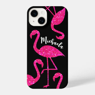 Flamingo neon pink glitter sparkles Personalize iPhone 14 Case