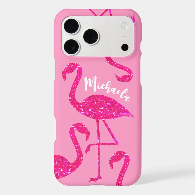 Flamingo neon pink sparkles Personalize your name  iPhone Case (Back)