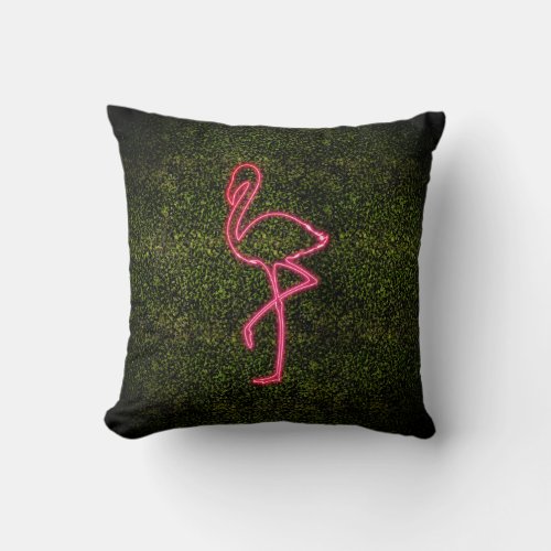 Flamingo Neon Sign Boxwood Throw Pillow