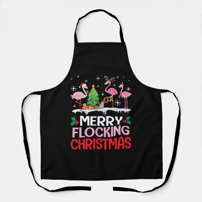 Flamingo Noel Hats Dancing On Snow Merry Flocking Apron (Front)