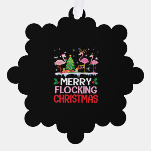 Flamingo Noel Hats Dancing On Snow Merry Flocking Ornament Card