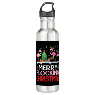 Flamingo Noel Hats Dancing On Snow Merry Flocking Stainless Steel Water Bottle