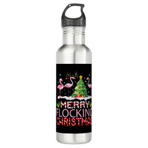 Flamingo Noel Hats Dancing On Snow Merry Flocking Stainless Steel Water Bottle