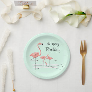 Flamingo Ocean Aqua Trio 4 Happy Birthday Paper Plates
