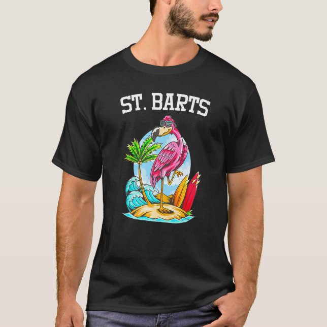 Flamingo Ocean Beach Wave Surfboard Saint Barthele T-Shirt (Front)