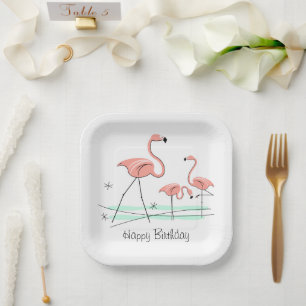 Flamingo Ocean Trio 2 Happy Birthday square Paper Plates