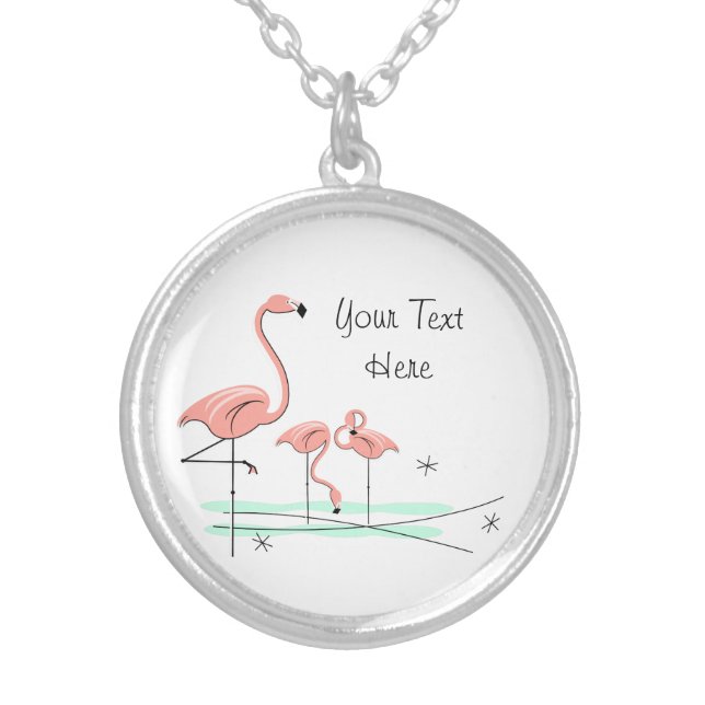 Flamingo Ocean Trio 2 'Text' round  Silver Plated Necklace (Front)