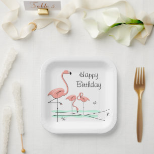 Flamingo Ocean Trio 4 Happy Birthday square Paper Plates