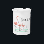 Flamingo Ocean Trio 4 text pitcher<br><div class="desc">Mid-century inspired design with a retro touch featuring a group of pink flamingos standing in aqua water against a white background. A customizable design for you to personalise with your own text,  images and ideas. An original digital art image created by Jess Perry at QuirkyChic Retro.</div>