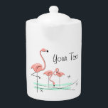 Flamingo Ocean Trio 4 Text teapot<br><div class="desc">Mid-century inspired design with a retro touch featuring a group of pink flamingos standing in aqua water against a white background. A customizable design for you to personalise with your own text,  images and ideas. An original digital art image created by Jess Perry at QuirkyChic Retro.</div>