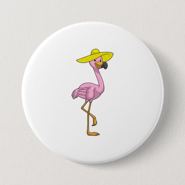 Flamingo on Beach with Hat Button (Front)