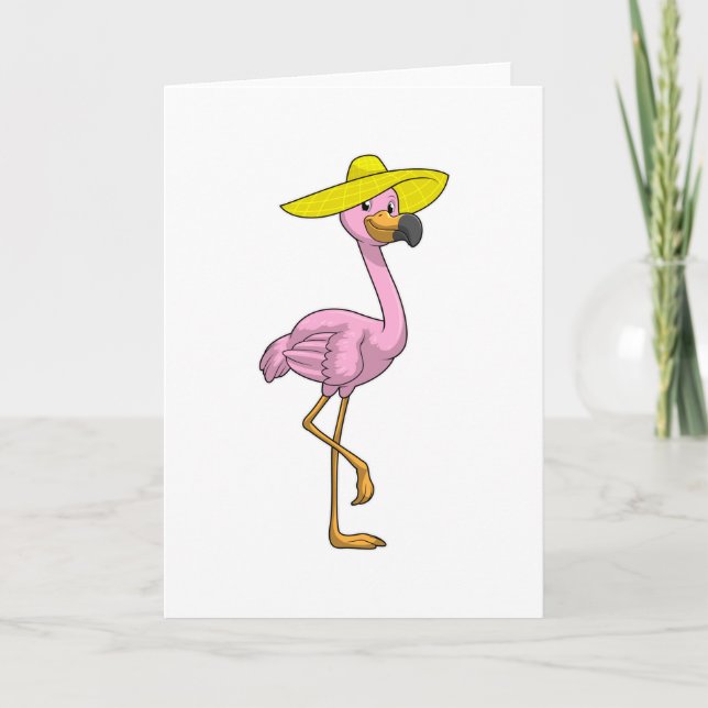 Flamingo on Beach with Hat Card (Front)