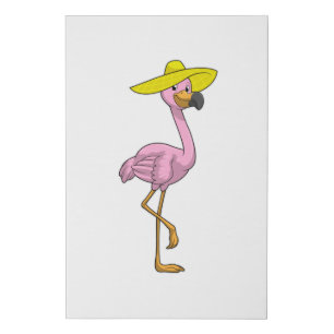 Flamingo on Beach with Hat Faux Canvas Print