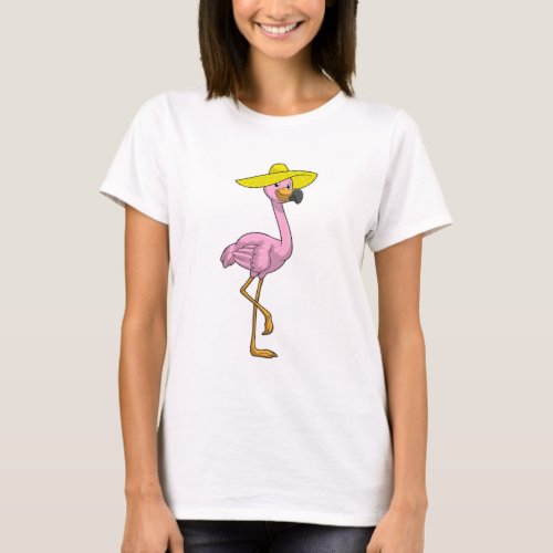Flamingo on Beach with Hat T_Shirt