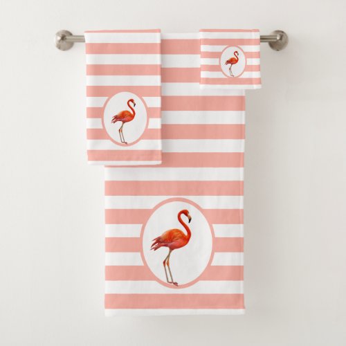 Flamingo on Coral  White Striped Bath Towel Set