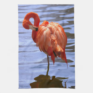 Flamingo on one leg in water kitchen towel