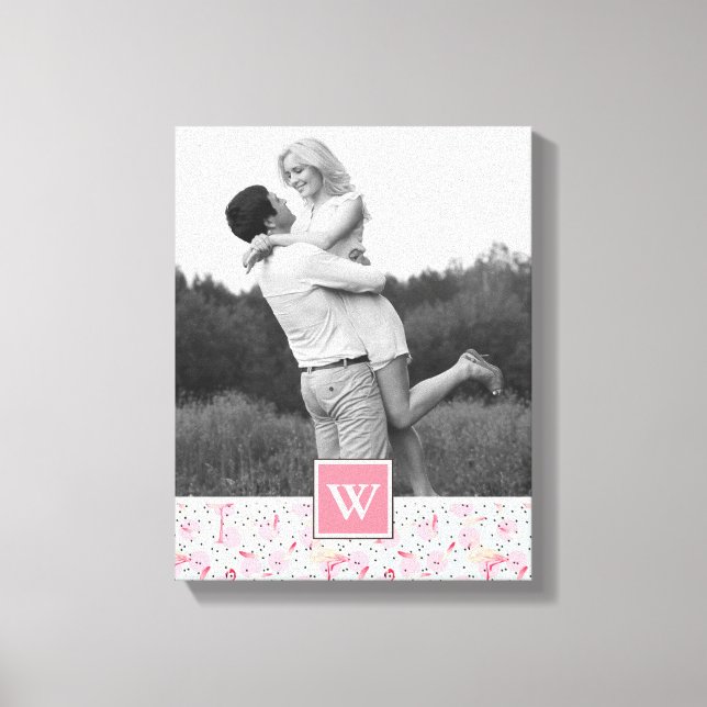 Flamingo On Polka Dots | Photo With Monogram Canvas Print (Front)