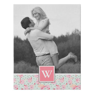 Flamingo On Polka Dots   Photo With Monogram Faux Canvas Print