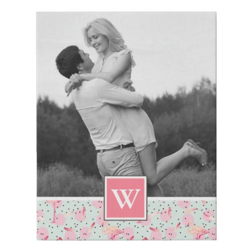 Flamingo On Polka Dots  Photo With Monogram Faux Canvas Print