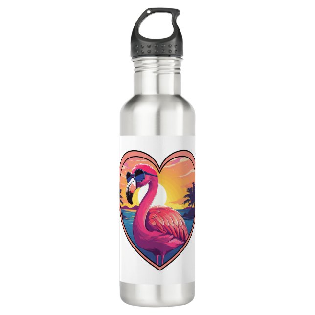 Flamingo on the Beach Stainless Steel Water Bottle (Front)