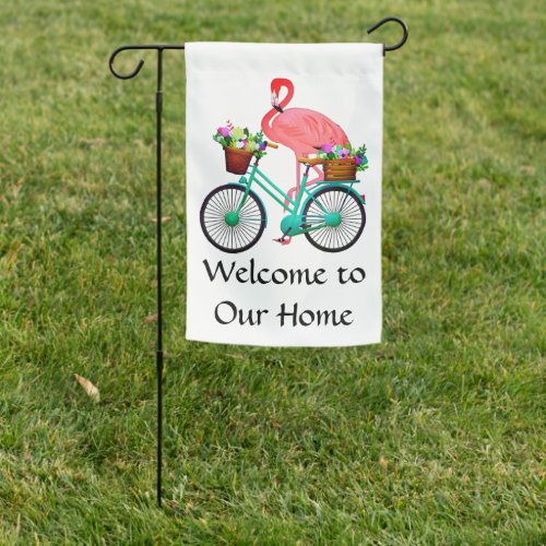 Flamingo on Vintage Bicycle with Flower Baskets Garden Flag