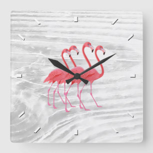 Flamingo on Washed Wood Square Wall Clock