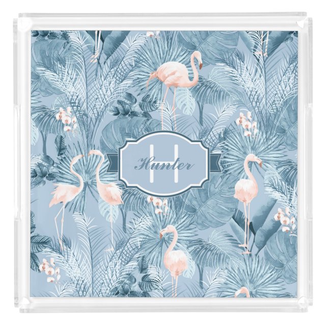 Flamingo Orchid Tropical Pattern Blue ID868 Acrylic Tray (Front)