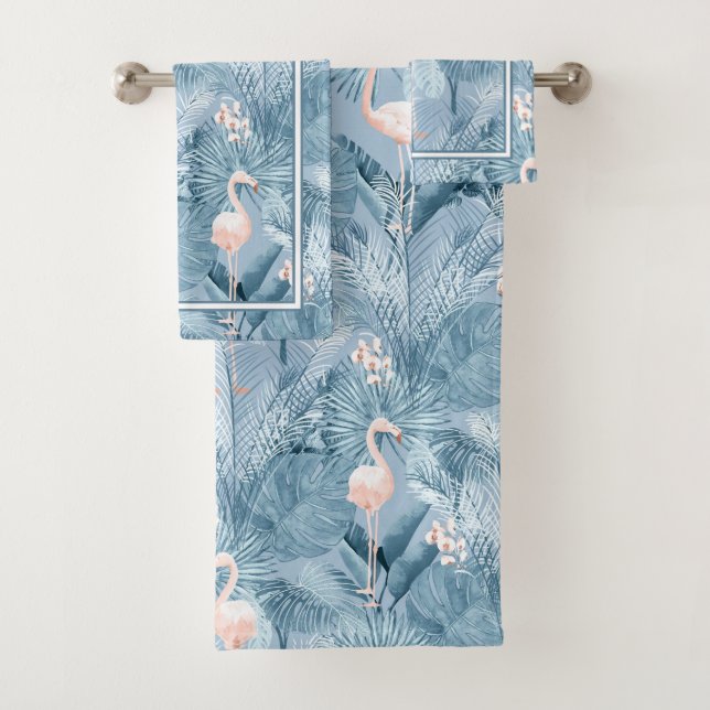 Flamingo Orchid Tropical Pattern Blue ID868 Bath T Towel Set (Insitu)