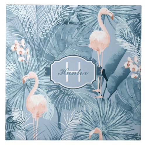 Flamingo Orchid Tropical Pattern Blue ID868 Ceramic Tile