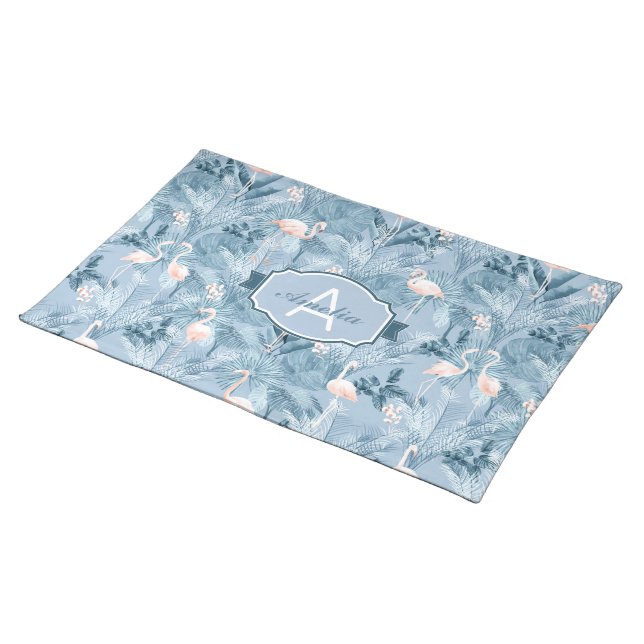 Flamingo Orchid Tropical Pattern Blue ID868 Cloth Placemat (On Table)