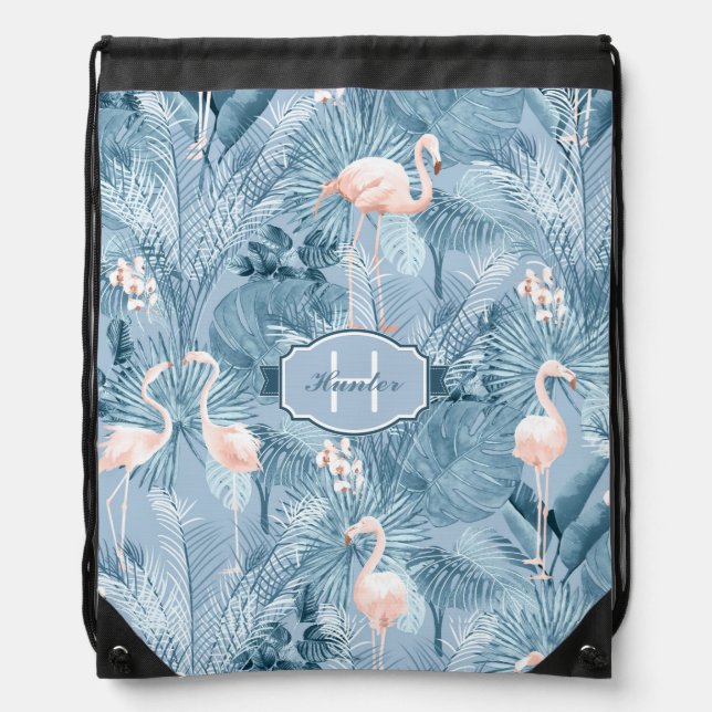Flamingo Orchid Tropical Pattern Blue ID868 Drawstring Bag (Front)