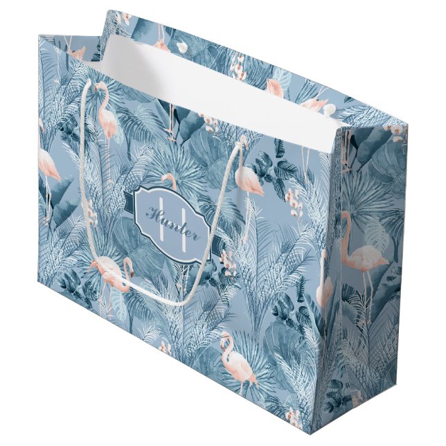 Flamingo Orchid Tropical Pattern Blue ID868 Large Gift Bag (Front Angled)