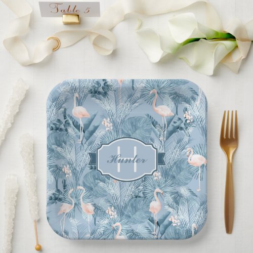 Flamingo Orchid Tropical Pattern Blue ID868 Paper Plates