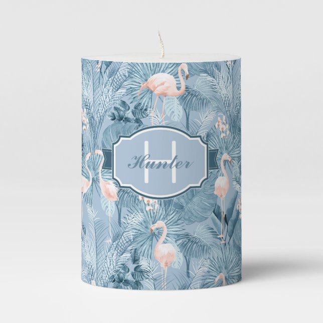 Flamingo Orchid Tropical Pattern Blue ID868 Pillar Candle (Front)