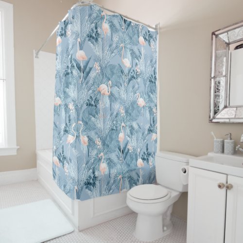 Flamingo Orchid Tropical Pattern Blue ID868 Shower Curtain