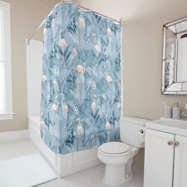 Flamingo Orchid Tropical Pattern Blue ID868 Shower Curtain (In Situ)