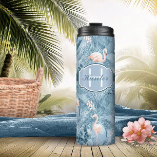Flamingo Orchid Tropical Pattern Blue ID868 Thermal Tumbler