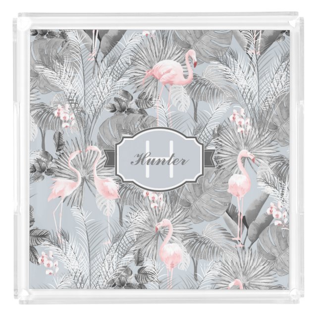 Flamingo Orchid Tropical Pattern Gray ID868 Acrylic Tray (Front)