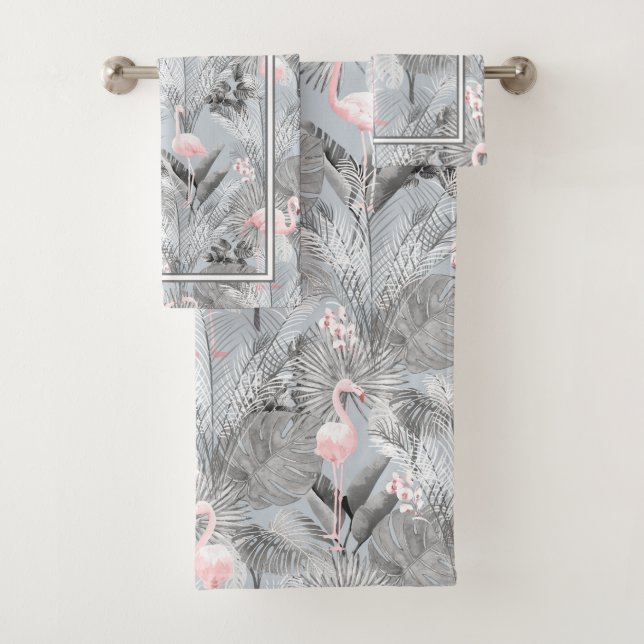 Flamingo Orchid Tropical Pattern Gray ID868 Bath T Towel Set (Insitu)