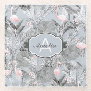 Flamingo Orchid Tropical Pattern Gray ID868 Glass Coaster