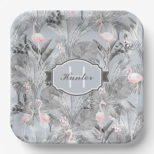 Flamingo Orchid Tropical Pattern Gray ID868 Paper Plates