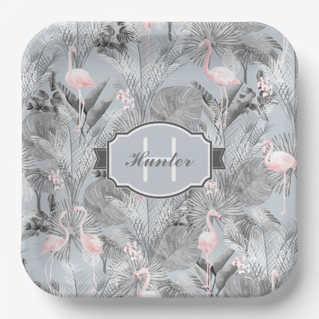 Flamingo Orchid Tropical Pattern Gray ID868 Paper Plates (Front)
