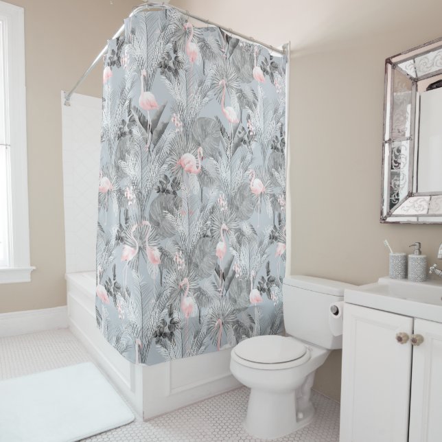 Flamingo Orchid Tropical Pattern Gray ID868 Shower Curtain (In Situ)