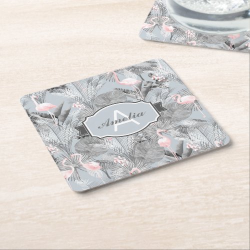 Flamingo Orchid Tropical Pattern Gray ID868 Square Paper Coaster