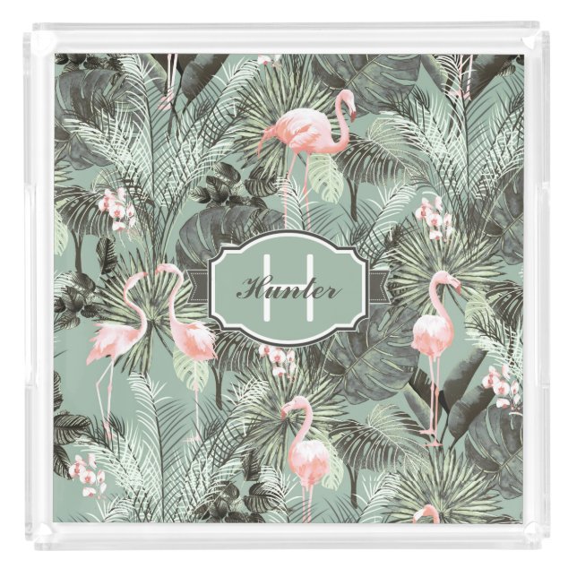 Flamingo Orchid Tropical Pattern Sage ID868 Acrylic Tray (Front)