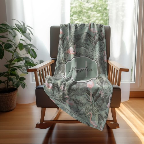 Flamingo Orchid Tropical Pattern Sage ID868 Fleece Blanket